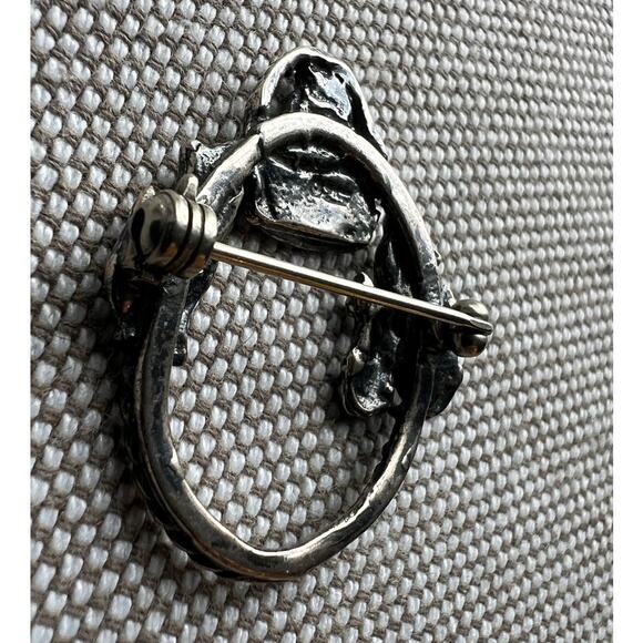 Sterling Silver Cat Pin Brooch Marked 925 Vintage Circular Wreath Kittens - Picture 4 of 9